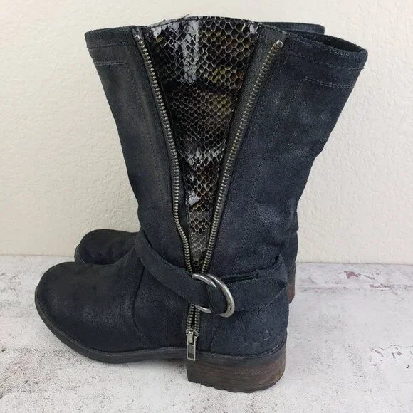 UGG Silva Moto Boots Leather Nubuck Harness Zip Slouchy Snakeskin size 9 EU 40 - Picture 11 of 15